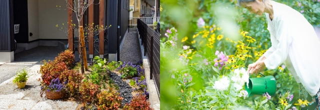 住宅 花に水やりをする女性 イメージ写真